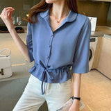 deanwangkt Solid Turn-down Collar Half Sleeve Chiffon Shirt Fashion Casual Shirring Single-breasted Blouses Female 1109-0