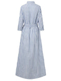 deanwangkt Women 100% Cotton Classical Striped Print Lapel Button Front Lace-Up Casual Shirt Dress