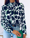 Deanwangkt - Leopard Print Tie Neck Long Sleeve Top