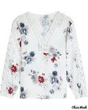 Deanwangkt - Floral Print V-Neck Lace Patch Top