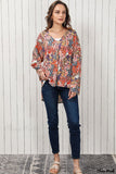 Deanwangkt - Bohemian Floral Long Sleeve V-Neck Blouse