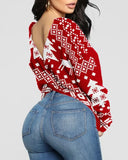 Deanwangkt - Christmas Print Long Sleeve Backless Blouse