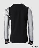 Deanwangkt - Geometric Trim Glitter Sheer Mesh Long Sleeve Top