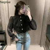 deanwangkt Korean White Blouse Women Blusas Stand Neck Chiffon Shirts Long Sleeve Ruffles Lace Blouses Vintage Elegant Femme Tops