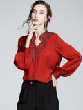 deanwangkt V Neck Shirts Long Sleeve Embroidery Blouse Women Hollow Out Tops Spring  Office Lady Solid Loose Clothes New 20645