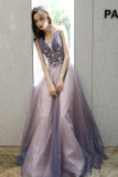 solvbao Purple V-Neck Tulle Long Prom Dresses, A-Line Evening Dresses