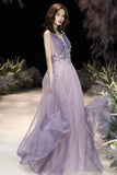 solvbao Purple V-Neck Tulle Long Prom Dresses, A-Line Evening Dresses