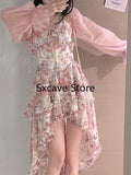 deanwangkt Piece Dress Set Women Boho Beach Sundress Office Lady Slim Elegant Floral Strap Dress Koran Fashion Suits + Blouse  Summer