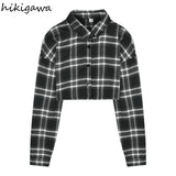 deanwangkt Crop Tops Blouse for Women Korean Casual Plaid Shirts High Waist Long Sleeve Loose Blouses  Blusas Mujer De Moda 27L111