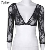 deanwangkt Women Summer Blouses Long Sleeve Top Thin Perspective Shawl Shrug Tops V-Neck Mesh Lace Blouse Female Shirt