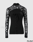 Deanwangkt - Eyelet Lace-Up Contrast Lace Long Sleeve Top