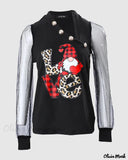 Deanwangkt - Christmas Gnome Print Glitter Sheer Mesh Long Sleeve Top