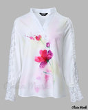 Deanwangkt - Floral Print Contrast Lace Long Sleeve Top