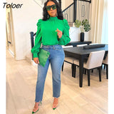 deanwangkt Solid Puff Sleeve Shirt Blouse Top Elegant Women Clothing Lace Up Long Sleeve OL Office Ladies Blouse Green Shirt