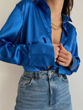 deanwangkt Long Sleeve Blouses Women Tops  Vintage Blue Green Silk Shirt Casual Loose Button Up Female Shirts Fashion Tops 18913