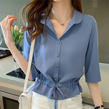 deanwangkt Solid Turn-down Collar Half Sleeve Chiffon Shirt Fashion Casual Shirring Single-breasted Blouses Female 1109-1