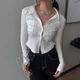 deanwangkt Korean Style Sexy Slim Mint Green Shirt Women Ribbed Irregular Crop Top Autumn Fashion Designer Clothes Ladies Blouses