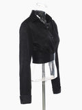 deanwangkt Women Black Short Single Button Casual Blouse New Lapel Long Sleeve Loose Fit Shirt Fashion Spring Autumn  1DD7365