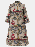 deanwangkt Ethnic Floral Figure Print Stand Collar Long Sleeve Vintage Shirt Dress With Pocket