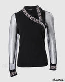 Deanwangkt - Geometric Trim Glitter Sheer Mesh Long Sleeve Top