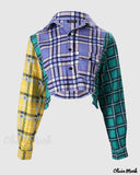 Deanwangkt - Color Block Check Print Long Sleeve Crop Top