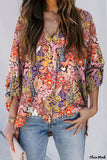 Deanwangkt - Bohemian Floral Long Sleeve V-Neck Blouse