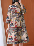 deanwangkt Ethnic Floral Figure Print Stand Collar Long Sleeve Vintage Shirt Dress With Pocket