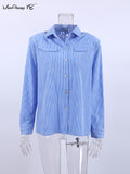 deanwangkt Long Sleeves Stripe Shirts Woman Fashion Office Ladies Blue Lapel Blouses With Shoulder Pads Streak Chic Tops