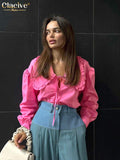 deanwangkt Sexy Loose Pink Shirts For Women Fashion Doll Collar Long Sleeve Office Lady Blouses Elegant Classic Top Female Clohting