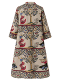 deanwangkt Ethnic Floral Figure Print Stand Collar Long Sleeve Vintage Shirt Dress With Pocket