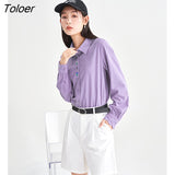 deanwangkt Women Corduroy Shirts  Spring Long Sleeve Polo Neck Blouse Floral Embroidery White Purple Casual Streetwear Tops