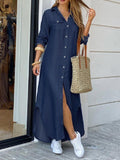 deanwangkt Casual Loose Button Front Irregular Split Hem Denim Maxi Shirt Dress with Front Pockets