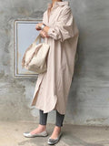 deanwangkt Women 100% Cotton Solid Color Curved Hem Split Lapel Loose Fit Shirt Dress