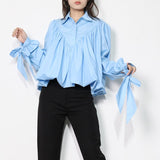 deanwangkt Loose Frill Trim Shirt For Women Lapel Long Sleeve Casual Lace Up Bow Blouse Female Fashion New Clothing Autumn