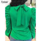 deanwangkt Solid Puff Sleeve Shirt Blouse Top Elegant Women Clothing Lace Up Long Sleeve OL Office Ladies Blouse Green Shirt