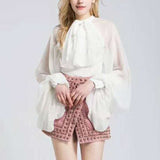 deanwangkt Bowknot Chiffon Blouse Shirt Women Lantern Sleeve Tulle Transparent Sexy Tops Large Size  Spring Summer Casual