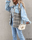 Deanwangkt - Raw Hem Denim Coat with Plaid Panel and Button Front