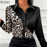 deanwangkt ZANZEA Autumn Women Full Sleeve Blouse Blusa Leopard stitching Lapel Chemise Bohemian Fashion Elegant Work OL Party Retro Tops