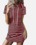 deanwangkt Striped Drawstring Short Sleeve Casual Shirt Pocket Dress