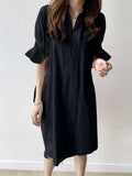 deanwangkt Casual Plain Lapel Button Half Sleeve Side Pocket Shirt Dress