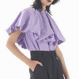 deanwangkt Straight Shirt For Women Lapel Short Sleeve Ruffle Trim Solid Loose Blouses Female Summer Clothing Style New