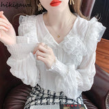 deanwangkt Blouse for Women Sweet Peter Pan Collar Long Sleeve White Shirts Lace Ruffles Chiffon Tops  Blusas Mujer De Moda