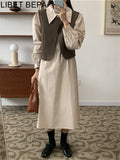 Joskka  New Vintage High Waist Korean Fashion Oversized Elegant Lady 2 Pieces Vest Women Autumn Winter Pink Shirt Dresses