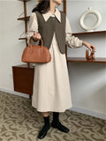 Joskka  New Vintage High Waist Korean Fashion Oversized Elegant Lady 2 Pieces Vest Women Autumn Winter Pink Shirt Dresses