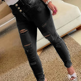 deanwangkt Ripped Holes Casual Skinny Jeans, Slash Pockets Distressed Single-Breasted Button High Waist Denim Pants, Women's Denim Jeans