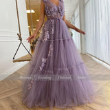 DEANWANGKT V-Neck Purple Prom Dresses Sequin Appliques Exposed Boning A-Line Prom Gowns Sleeveless Tiered Tulle Formal Party Dresses