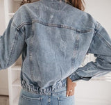 deanwangkt Women's  Casual Short Jean Jacket Sexy Denim Jackets Solid Casual Blue Cowboy Jackets Hole Loose Jean Coats