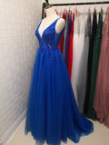 Sexy V-Neck Long Prom Dresses  Beaded Beading Crystal High Splits Backless A-Line Formal Gown Party Dress