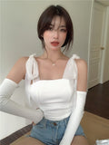 Sweet Girly Pink Camis Detachable Sleeve Bow Knitted Tank Tops Women Summer Fashion White Cropped Tops