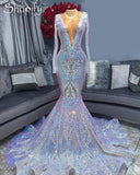 Sexy Long Prom Dresses  Sheer O-neck Long Sleeve Sparkly Sequin Mermaid African Black Girls Sequin Gala Prom Dress